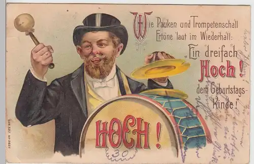 (93360) AK Geburtstag, Herr mit Pauke, Prägekarte 1906