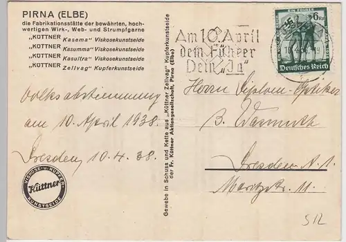 (91713) AK Pirna, Elbe, Karte a. Viskosekunstseide Firma Küttner 1938