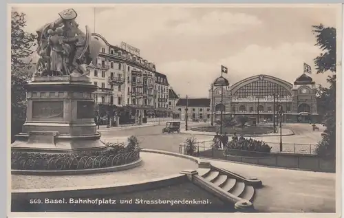(91540) AK Basel, Bahnhofsplatz u. Strassburgerdenkmal, 1931