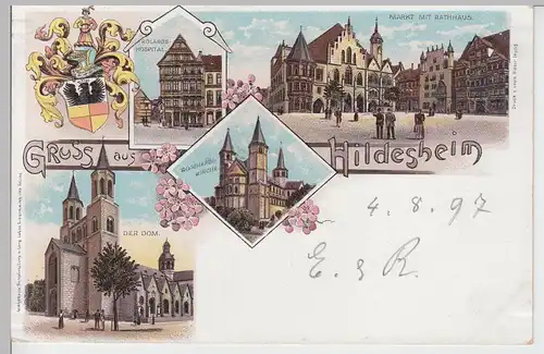 (91369) AK Gruß aus Hildesheim, St. Godehard, Wappen, Litho 1897