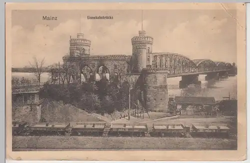 (91312) AK Mainz, Eisenbahnbrücke u. Güterzug, Feldpost 1914