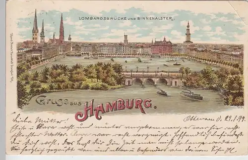 (90085) AK Gruss aus Hamburg, Lombardsbrücke, Litho 1899
