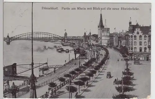 (90043) AK Düsseldorf, Partie am Rhein m. Bl. a.d. Rheinbrücke 1911