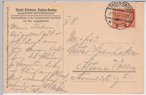 (89862) AK Baden-Baden, Hotel Einhorn 1922