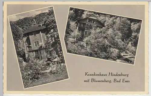 (89850) AK Bad Ems, Krankenhaus Hindenburg m. Blumenberg, 1953