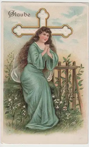 (75810) Künstler AK Dame am Kreuz "Glaube" Prägekarte 1923