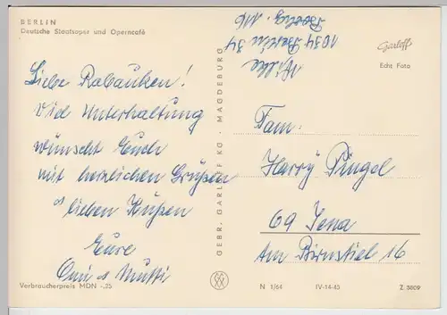 (86223) AK Berlin DDR, Deutsche Staatsoper und Operncafé 1964