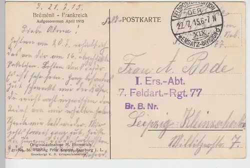 (85932) AK Bréménil, 1. WK, zerstörter Ort, Kirche, Feldpost 1915