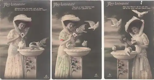 (84077) AK junge Frau m. Tauben, Mein Liebesbote, 3 Karten a. Serie 1910er