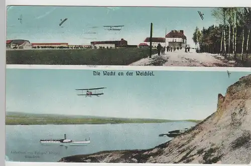 (83077) AK Flugplatz Graudenz, Doppeldecker über Weichsel 1916