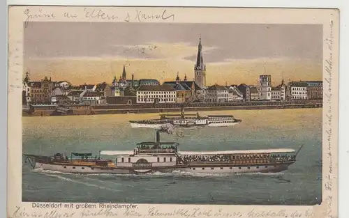 (81885) AK Düsseldorf, Panorama mit großem Rheindampfer, 1924