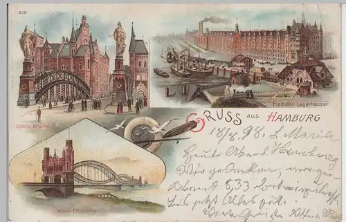 (80704) AK Gruss aus Hamburg, Brooksbrücke, Elbbr., Freihafen, Litho 1898