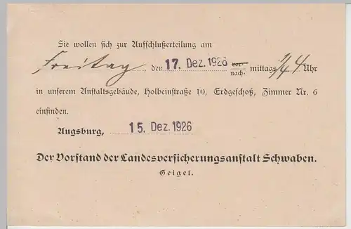 (79702) Postkarte d. Landesversicherungsanstalt Schwaben, Augsburg 1926