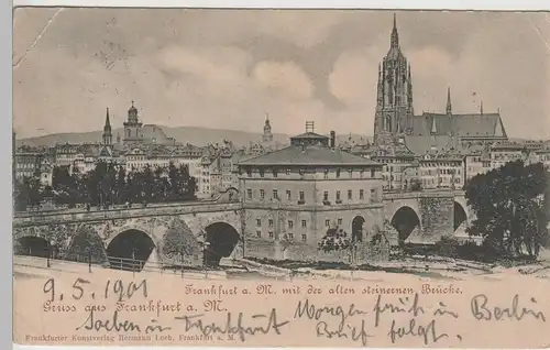 (79661) AK Gruss aus Frankfurt a.M., Alte steinerne Brücke, 1901