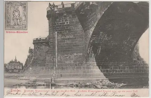 (78930) AK Dresden, Augustusbrücke, Hochwassermarke Tiefstand 1904