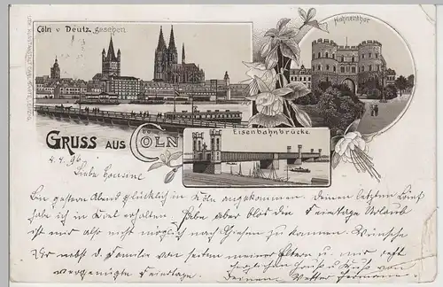 (78463) AK Gruss aus Köln, Mehrbild Litho m. Eisenbahnbrücke 1896