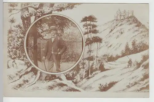 (77600) Foto AK Porträt junger Mann m. Zeichnung e. Burg, Dessau 1906