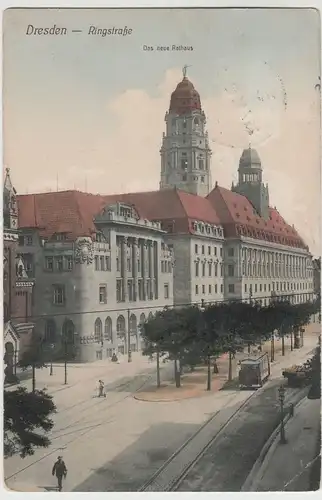 (77350) AK Dresden, Ringstraße, Neues Rathaus, Straßenbahn 1911