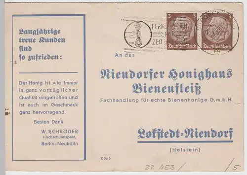 (77082) Postkarte DR, Bestellkarte Honiglieferant, Stempel Dresden 1937