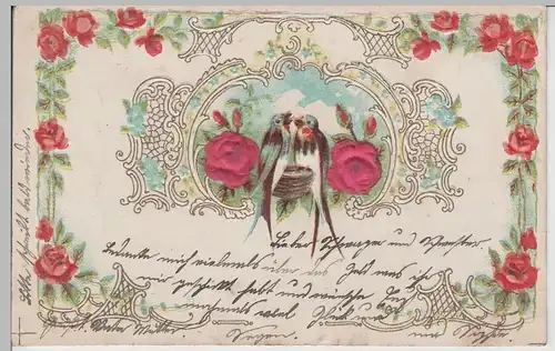 (77027) AK Grußkarte, Schwalben und Blumen, Prägekarte 1904