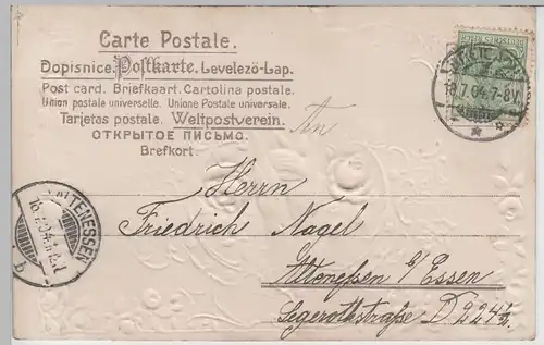 (77027) AK Grußkarte, Schwalben und Blumen, Prägekarte 1904