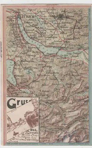 (76998) AK Gruss aus Zürich, Landkarte von Zürich bis Tödi, 1900