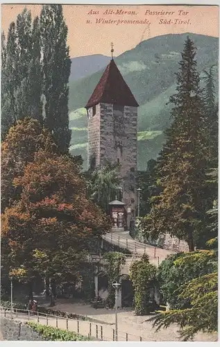 (76993) AK Meran, Passeierer Tor und Winterpromenade, 1913