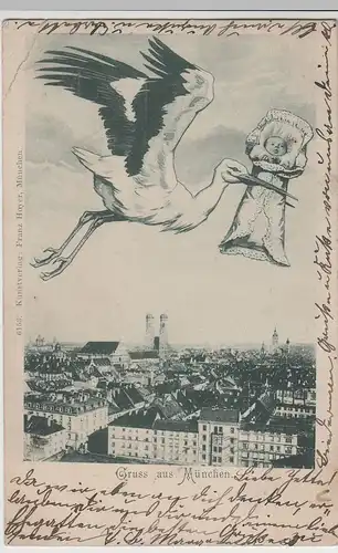 (76973) AK Gruss aus München, Storch bringt Baby, 1900