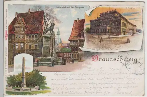 (76566) AK Braunschweig, Theater, Löwensäule, Monument, Litho 1898