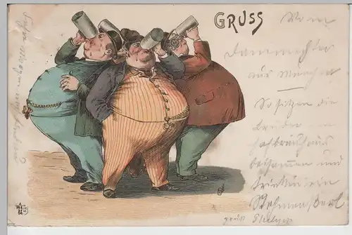 (76514) AK Gruß, vier trinkende beleibte Herren 1898