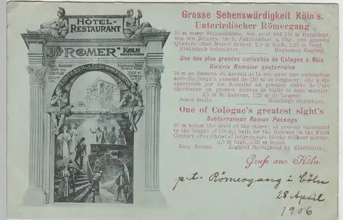 (76123) AK Köln, Hotel Restaurant "Im Römer", Werbung Römergang 1906