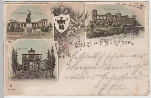 (76092) AK Gruß aus München, Siegestor, Maximilianeum, Litho 1898