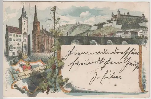 (76066) Künstler AK Gruß aus Würzburg, Marienkapelle, Altes Rathaus 1898