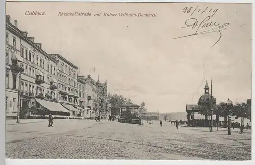 (75919) AK Koblenz, Rheinzollstr., Kaiser Wilhelm Denkmal 1919