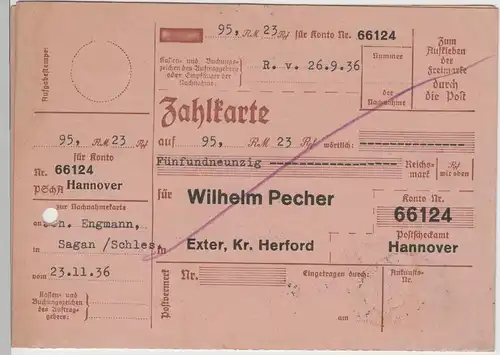 (75415) Nachnahme Postkarte, DR Möbelfabrik Pecher, Exter 1936