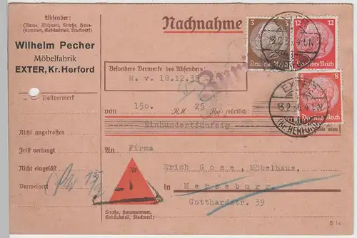 (75413) Nachnahme Postkarte, DR Möbelfabrik Pecher, Exter 1936