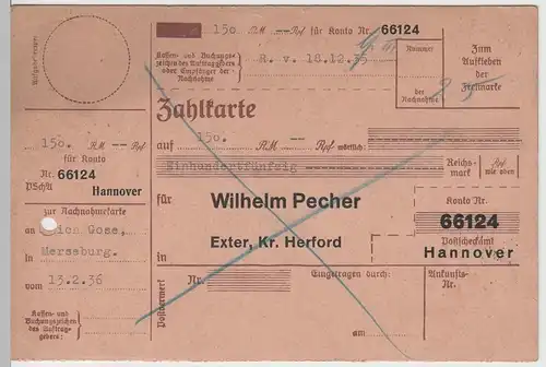 (75413) Nachnahme Postkarte, DR Möbelfabrik Pecher, Exter 1936