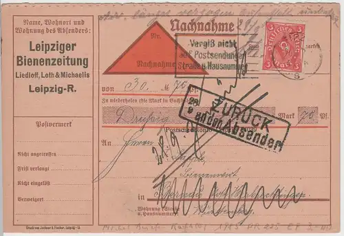 (75409) Nachnahme Postkarte, DR v. Leipziger Bienenzeitung 1922