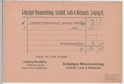 (75409) Nachnahme Postkarte, DR v. Leipziger Bienenzeitung 1922