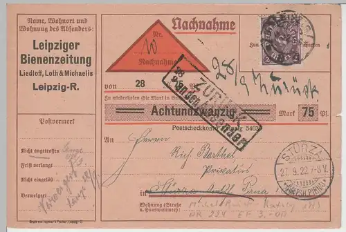 (75408) Nachnahme Postkarte, DR v. Leipziger Bienenzeitung 1922