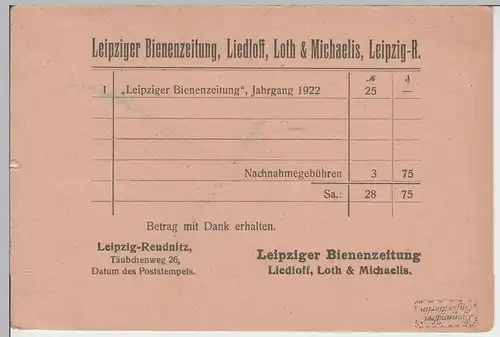 (75408) Nachnahme Postkarte, DR v. Leipziger Bienenzeitung 1922