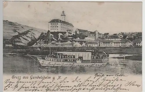 (75158) AK Gruss aus Gundelsheim, Neckarpartie m. Schloss Horneck 1904