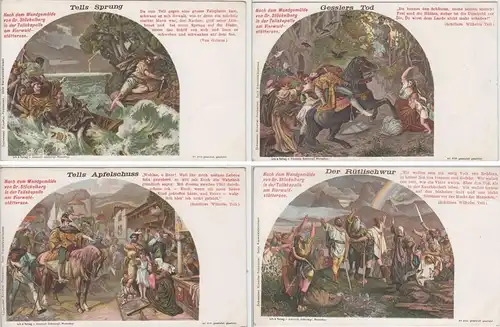 (73989) AK Wandgemälde Tellskapelle v. E. Stückelberg, 4 Karten vor 1945