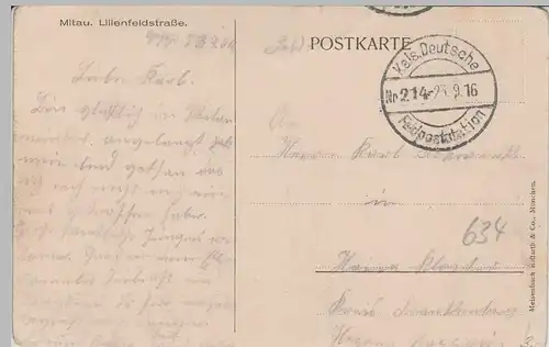 (73950) AK 1. WK, Mitau, Lilienfeldstr., zerstörter Ort, Feldpost 1916