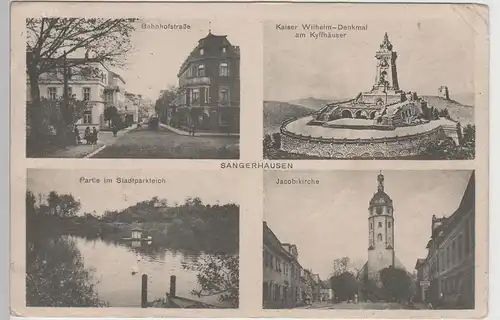 (73580) AK Sangerhausen, Bahnhofstr., Stadtpark, Teich, St. Jakobi 1915