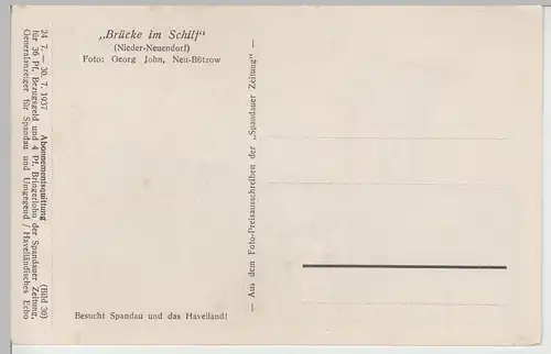 (72487) AK Nieder Neuendorf, Brücke im Schilf 1937