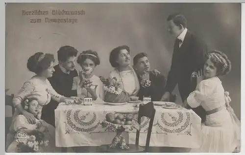 (72223) Foto AK Glückwunsch zum Namenstage, Kaffeekränzchen 1913