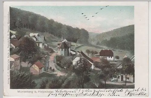 (72025) AK Mühlenberg, Holzminden, Solling, Ortsansicht mit Kapelle 1902
