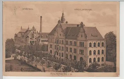 (71305) AK Reichenberg (Liberec), Stadtbad, Handelskammer, 1924