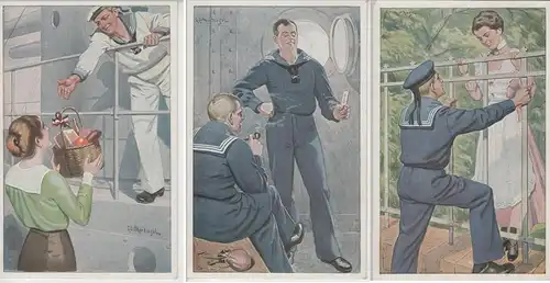 (70961) AK Patriotika "Unsere Marineblauen", 3 Karten aus Serie um 1918